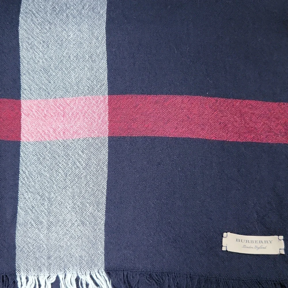 Burberry Tricolor Dark Navy Red White Fringe Scarf Shawl Square